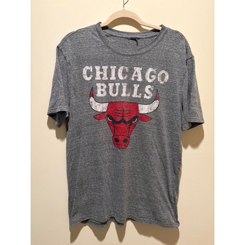 Chicago Bulls NBA Graphic T-Shirt Mens Gray Distressed Logo Short Sleeve Tee